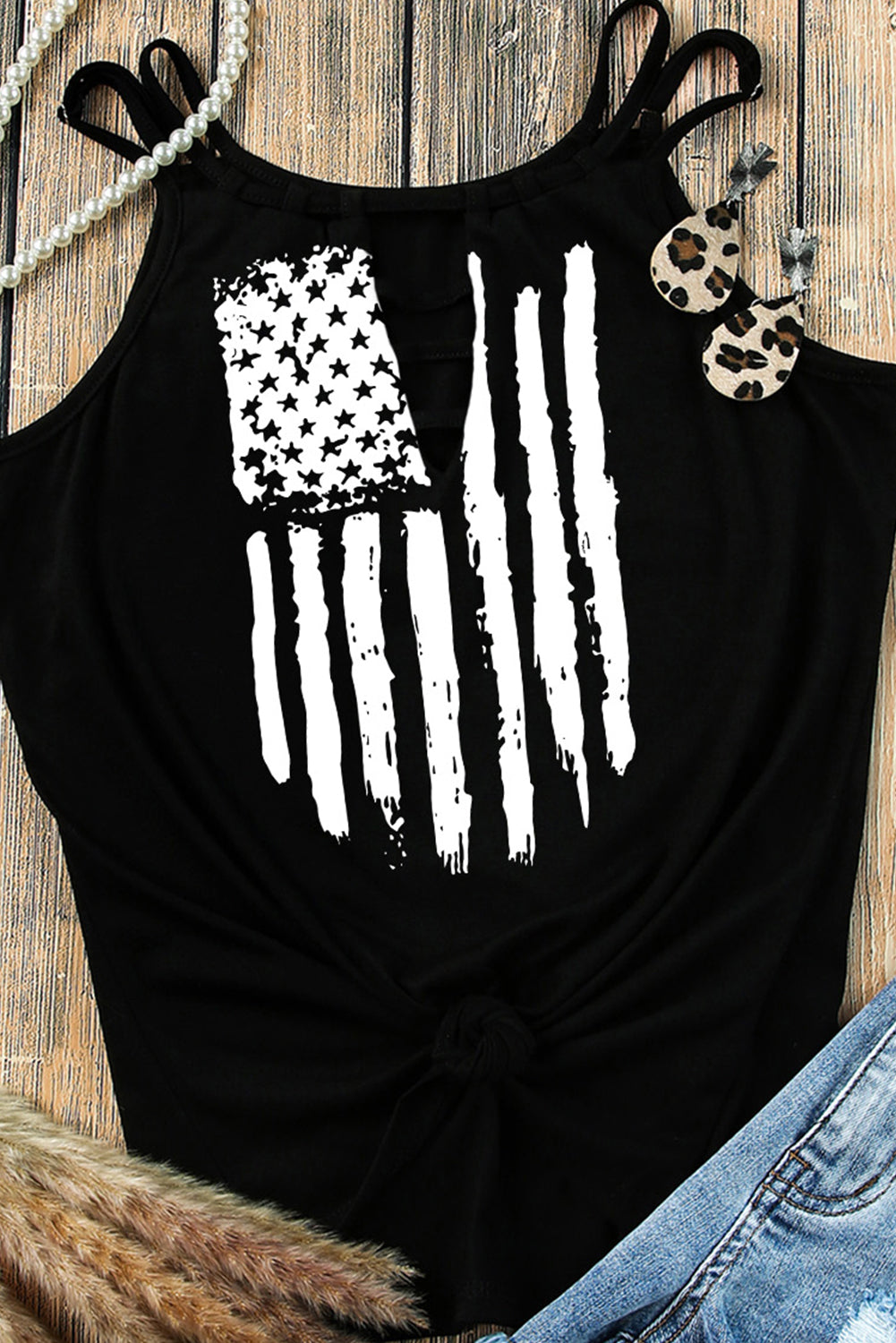 American Flag Print Cut Out Spaghetti Strap Tank Top