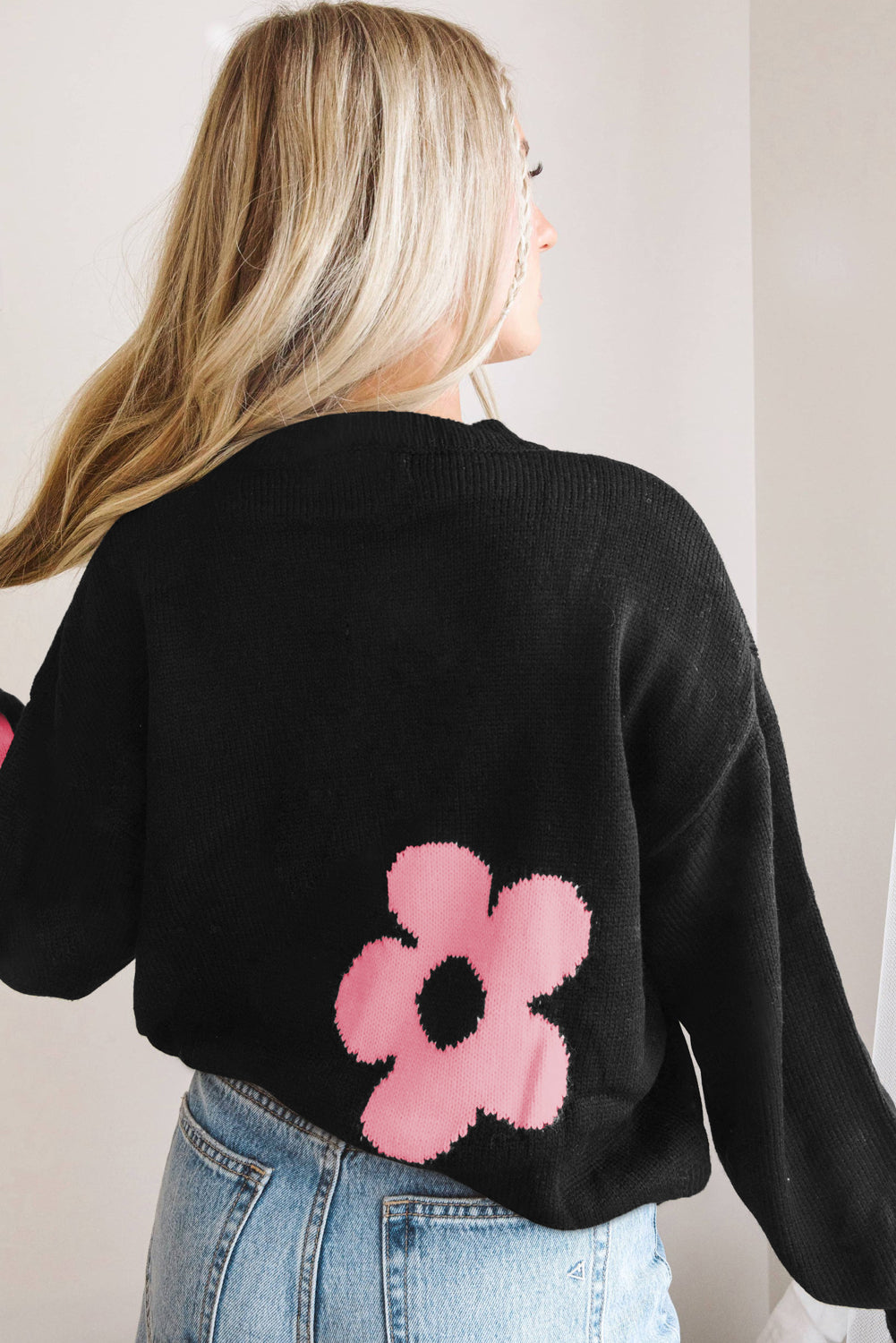 Black Big Flower Pattern Knit Sweater