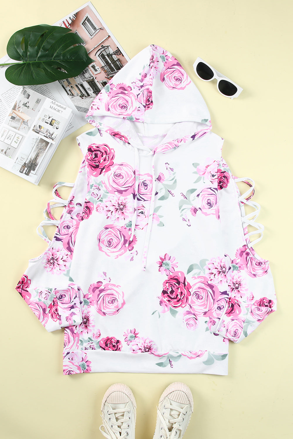 White Floral Print Criss-Cross Cold Shoulder Hoodie