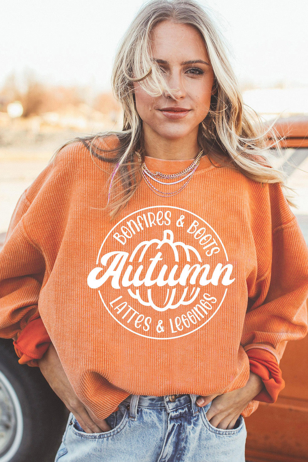 Autumn Pumpkin Graphic Print Corded Oversized Sweatshirt