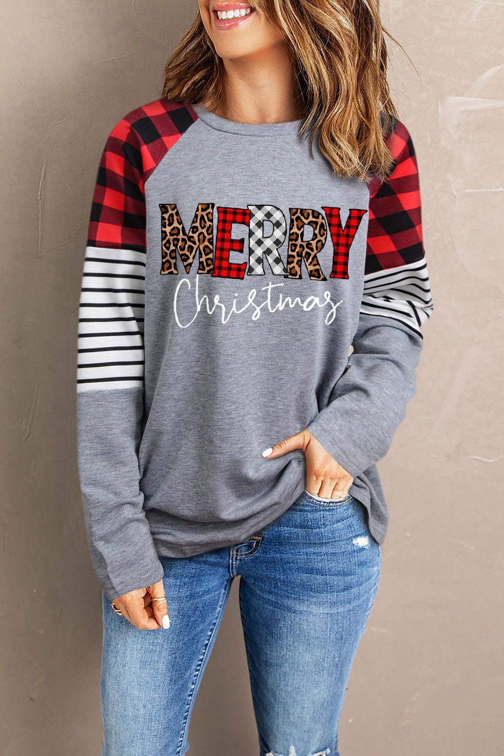 MERRY Christmas Leopard Striped Plaid Splicing Top