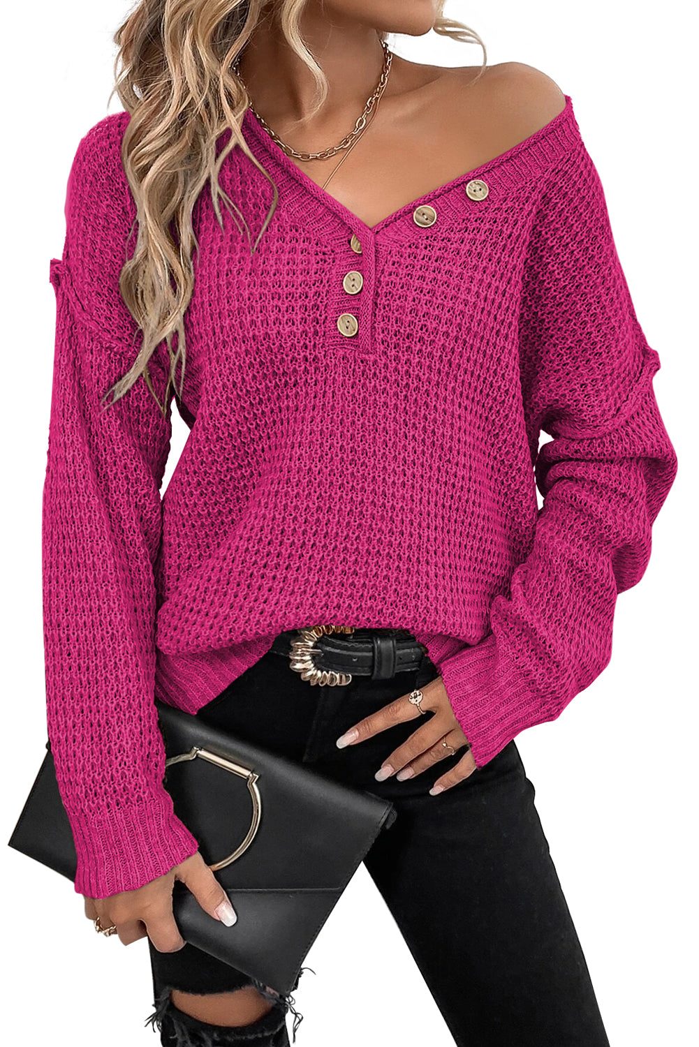 Rose Fiery Red Pointelle Knit Button V Neck Drop Shoulder Sweater