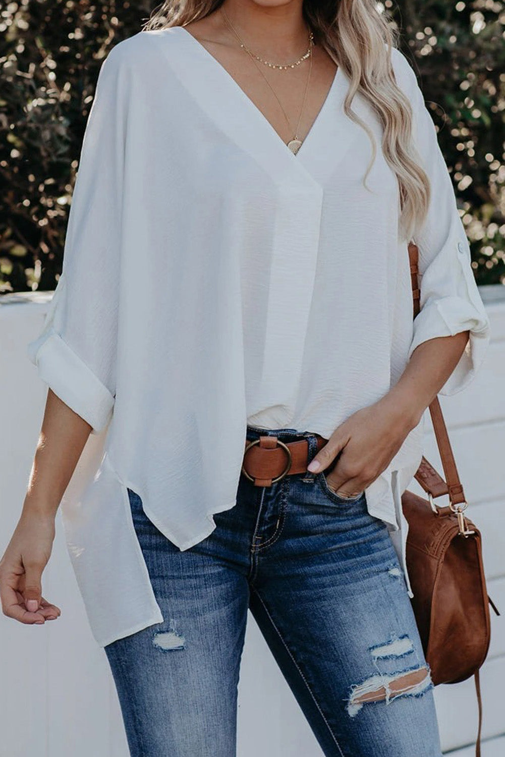 White V Neck 3/4 Sleeve High Low Hem Shirt