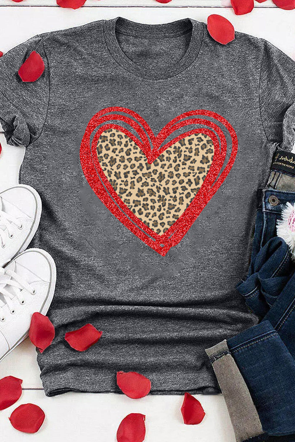 Sequin Leopard Heart Graphic T-shirt