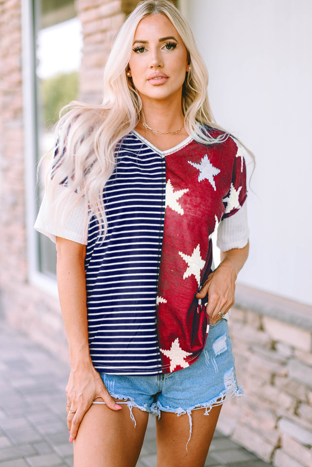 Blue Stripes Stars Print Knit Short Sleeves Top