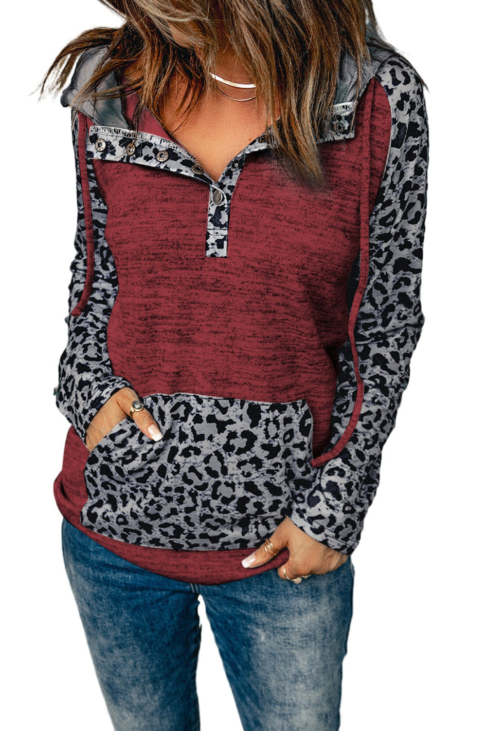 Color Block Leopard Long Sleeves Wine Hoodie