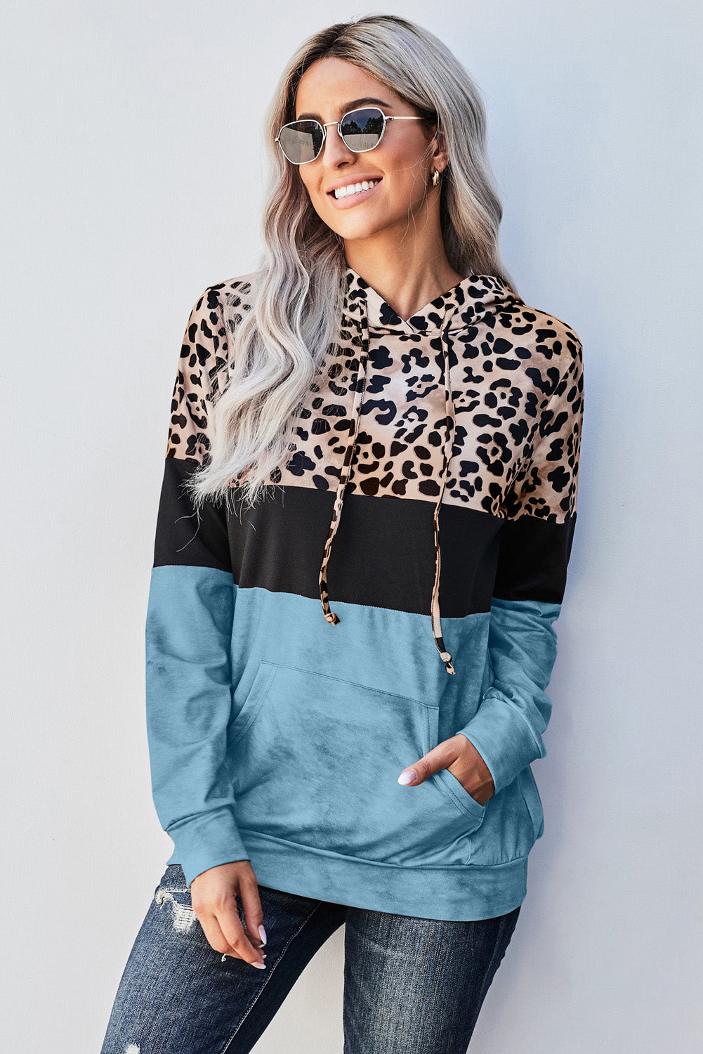 Blue Leopard Tie Dye Colorblock Hoodie