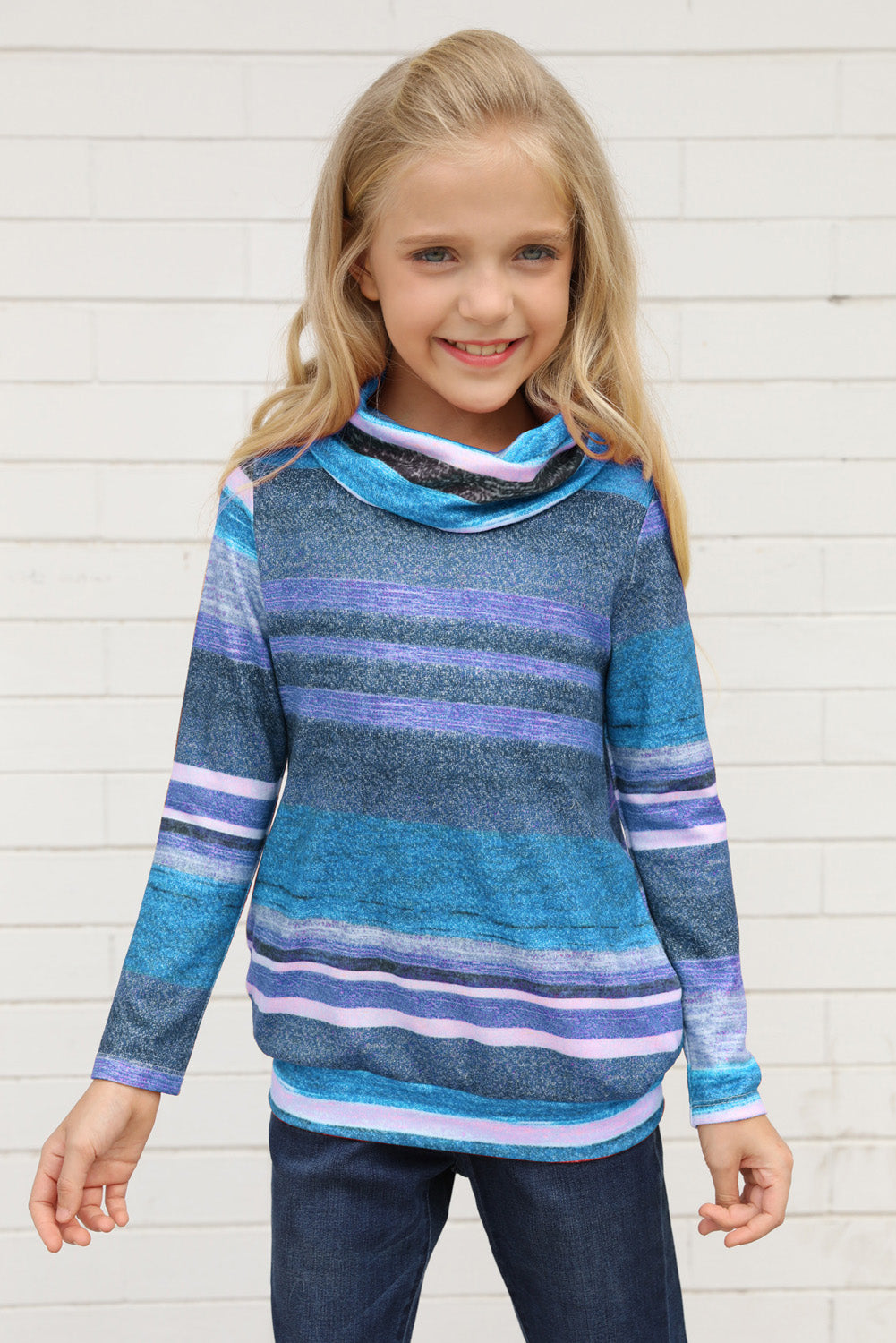 Multicolor Cowl Neck Girl's Striped Sweatshirt