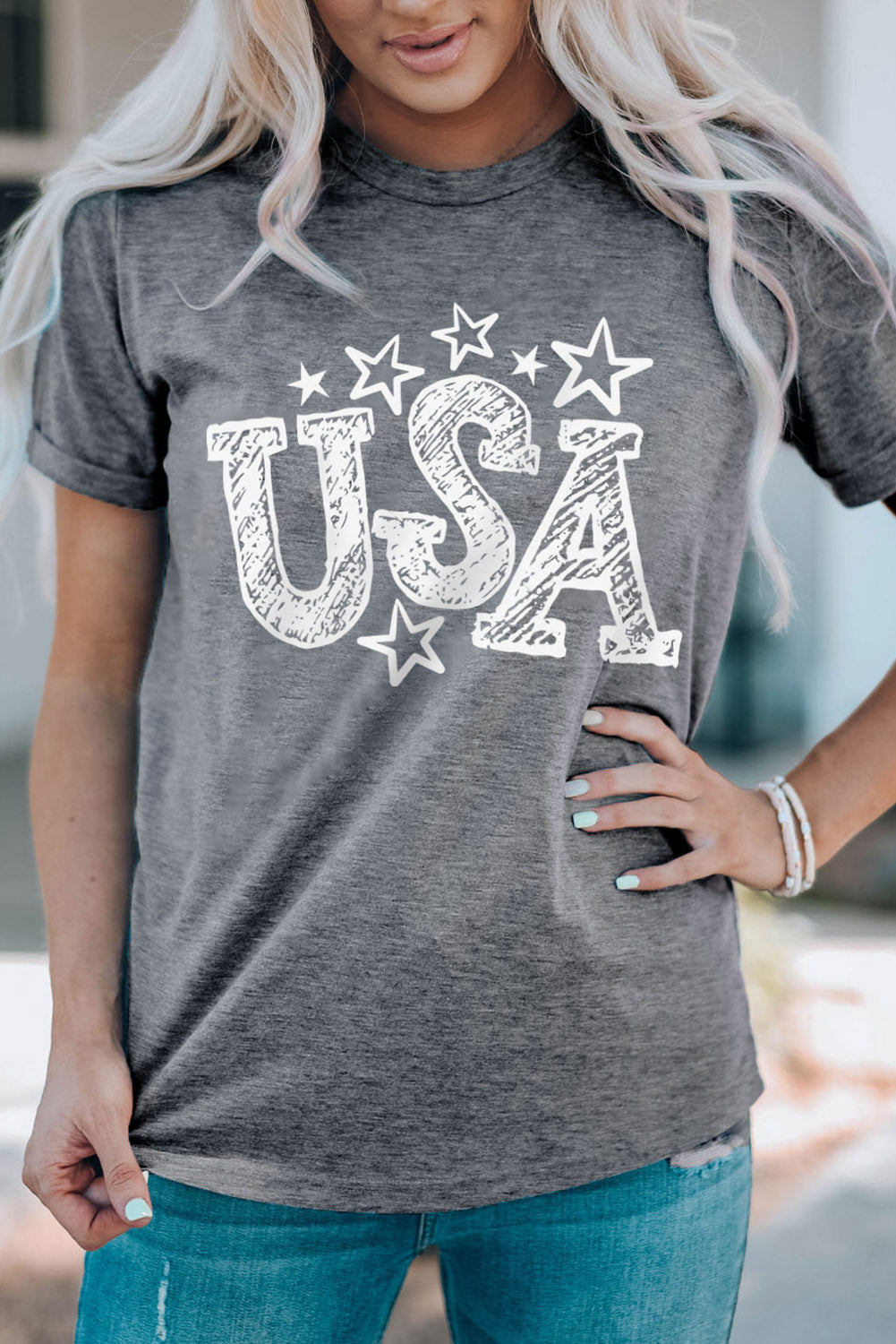 USA Stars Graphic Print Short Sleeve Casual Tee