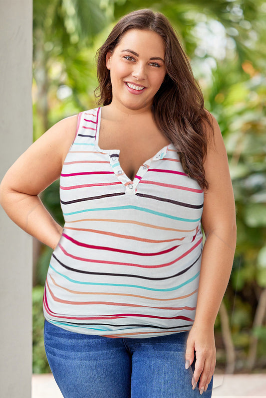 Colorful Striped Henley Button Plus Size Tank Top