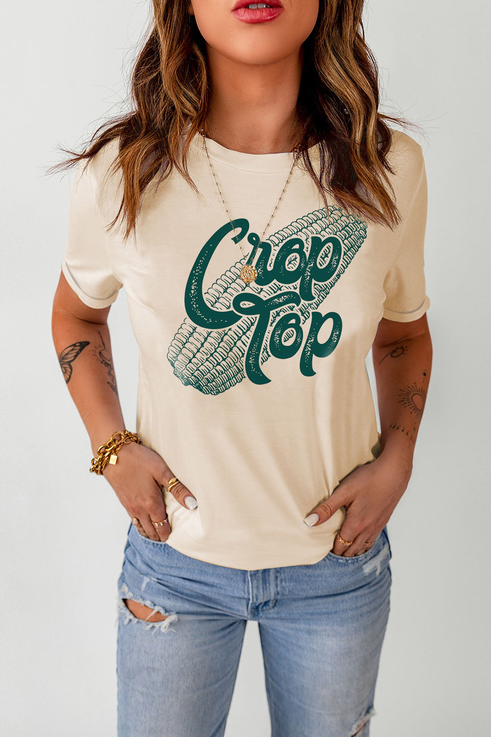 Khaki Corn Crop Top Graphic Tee