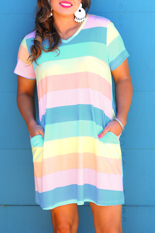 Multicolor Colorblock Pocketed V Neck T-shirt Dress