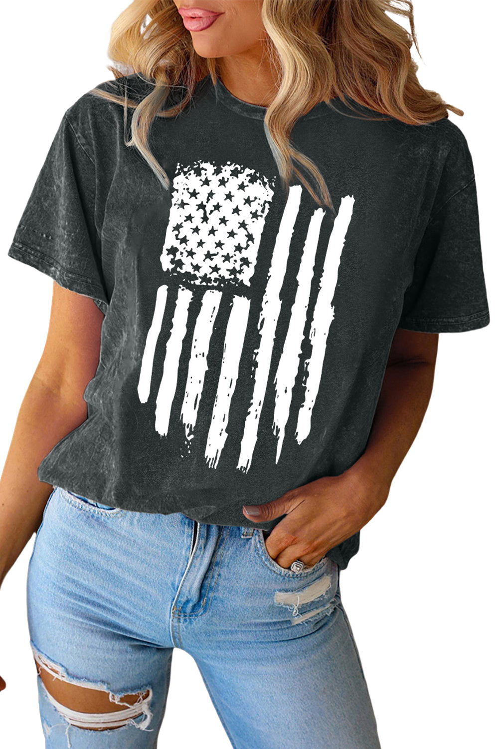 Vintage American Flag Graphic Print Crew Neck Top