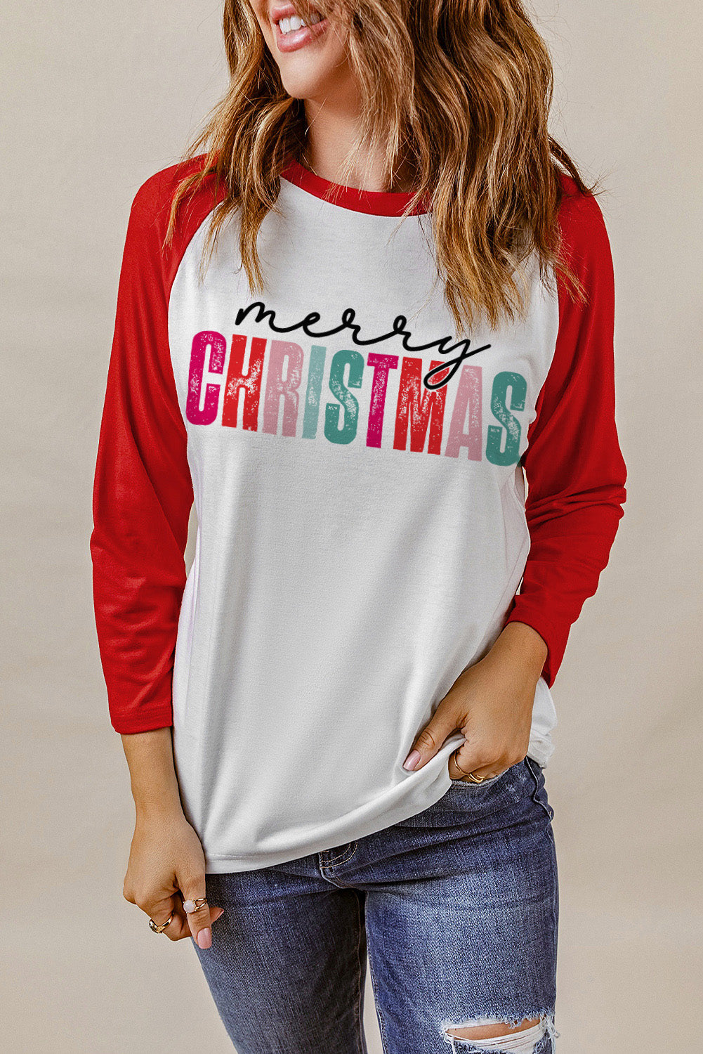 Merry CHRISTMAS Color Block Long Sleeve Top