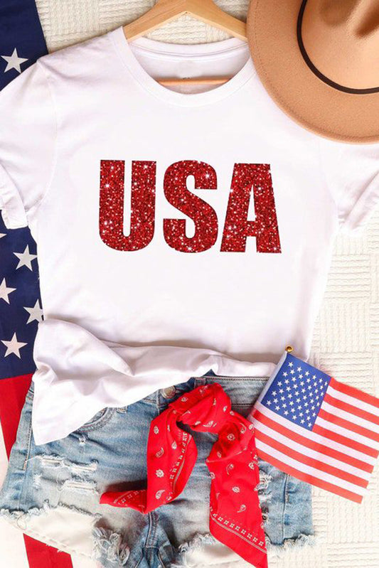 USA Glitter Pattern Print Short Sleeve T Shirt