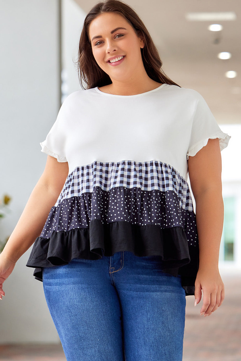 Plaid Dot Ruffled Plus Size Babydoll Top