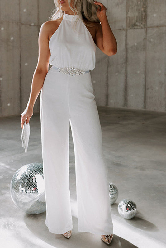 Button Halterneck Elegant Wide Leg Jumpsuit