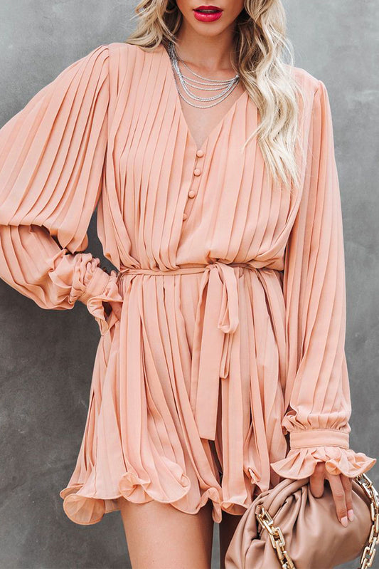 Pink Pleated Ruffled Tie Waist Buttons V Neck Romper