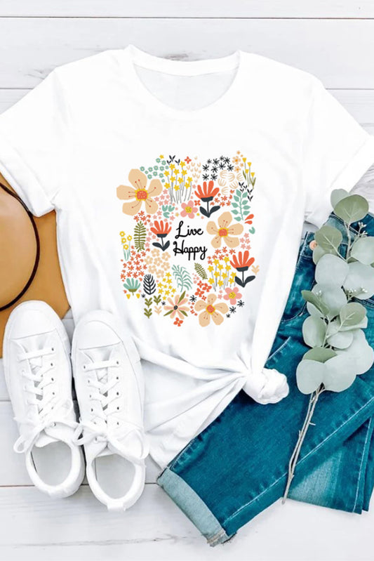 Live Happy Floral Print T Shirt