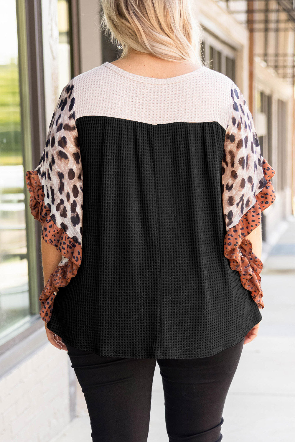 Waffle Knit Animal Print Ruffle Sleeves Plus Size Top