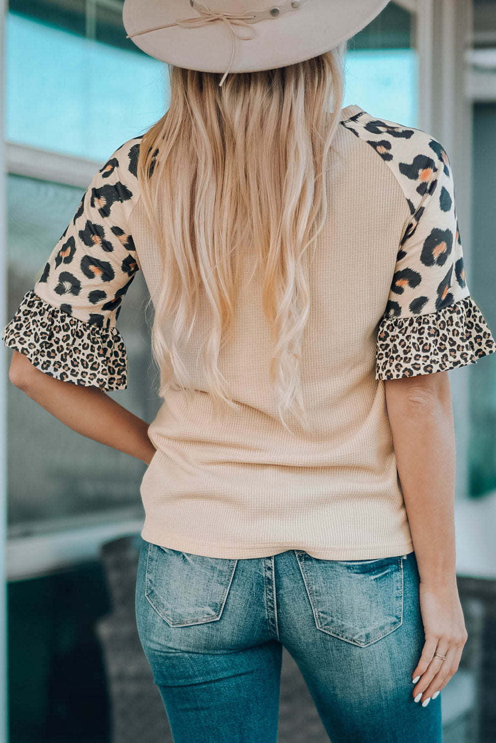 Mixed Leopard Ruffle Sleeve Waffle Knit Top