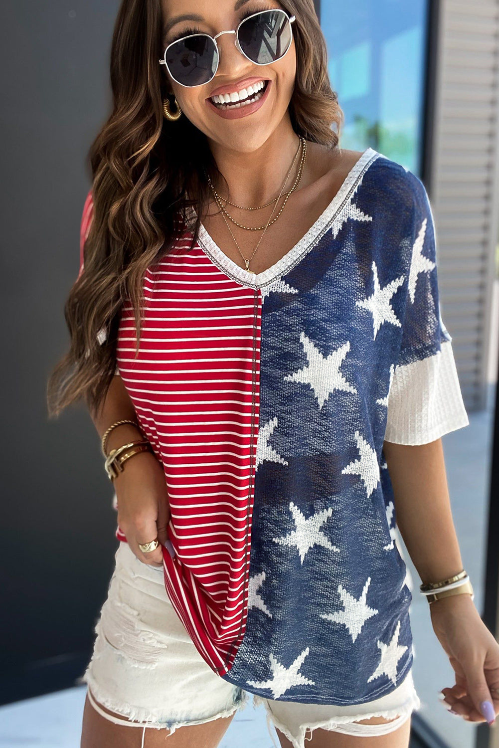 Blue Stripes Stars Print Knit Short Sleeves Top