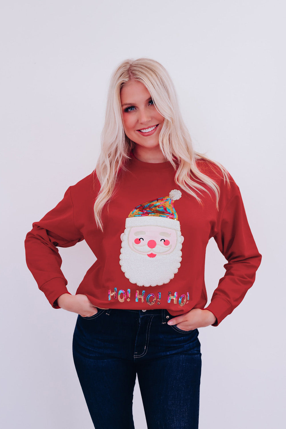 Fiery Red HO HO HO Sequined Santa Claus Sweatshirt