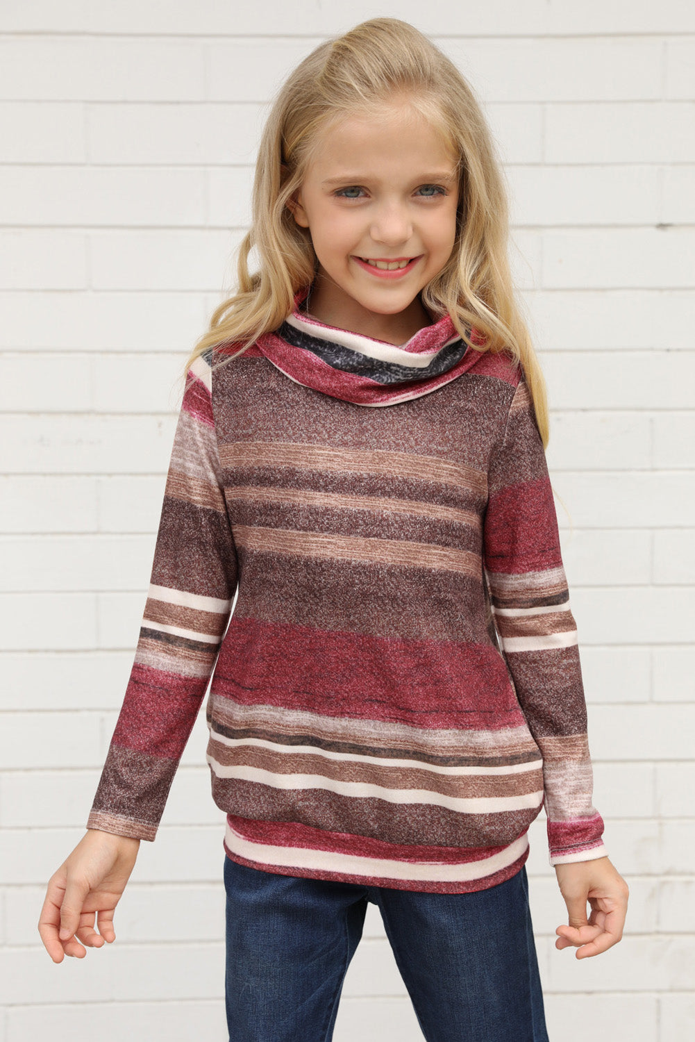 Multicolor Cowl Neck Girl's Striped Sweatshirt