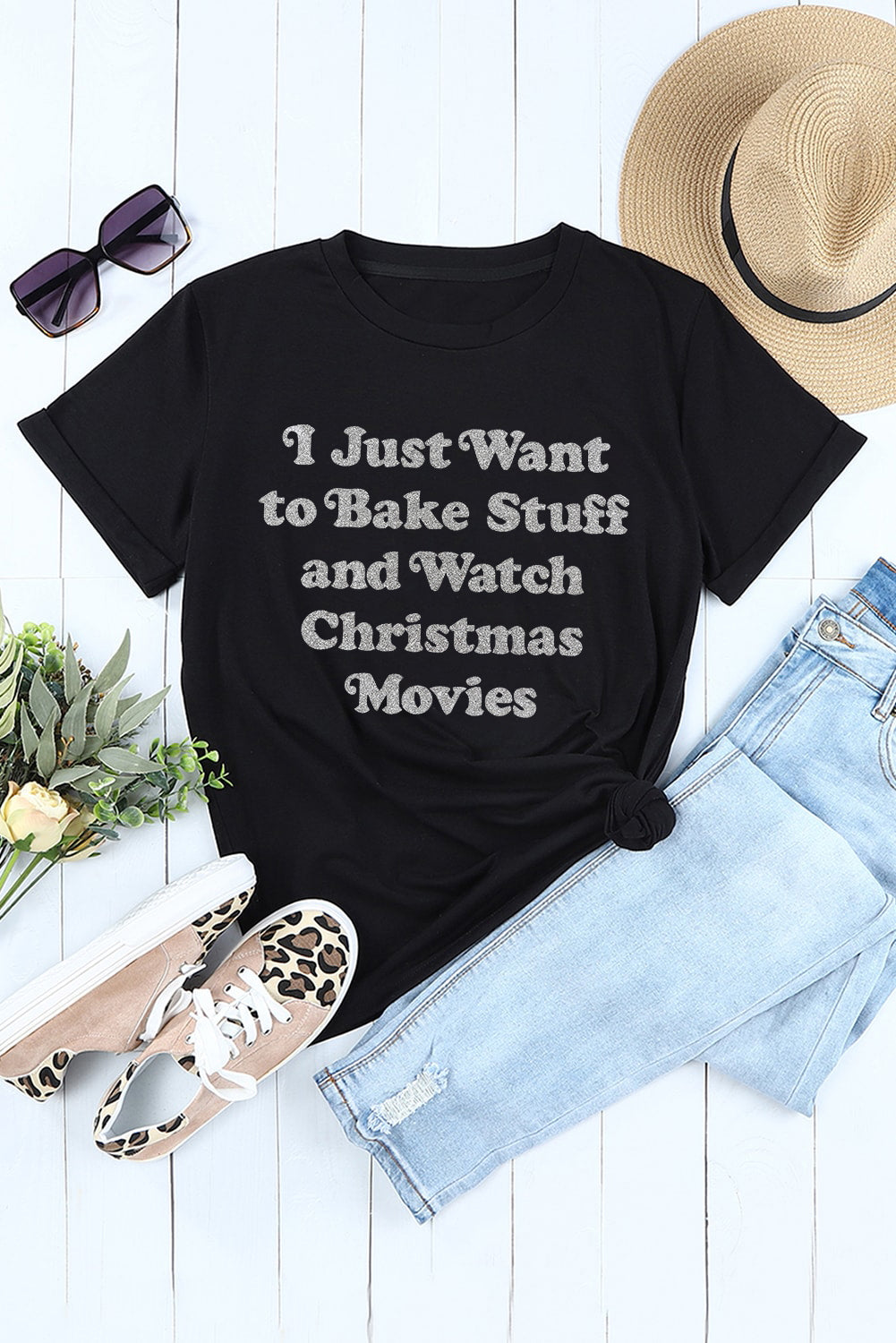 Slogan Glitter Pattern Print Short Sleeve T Shirt