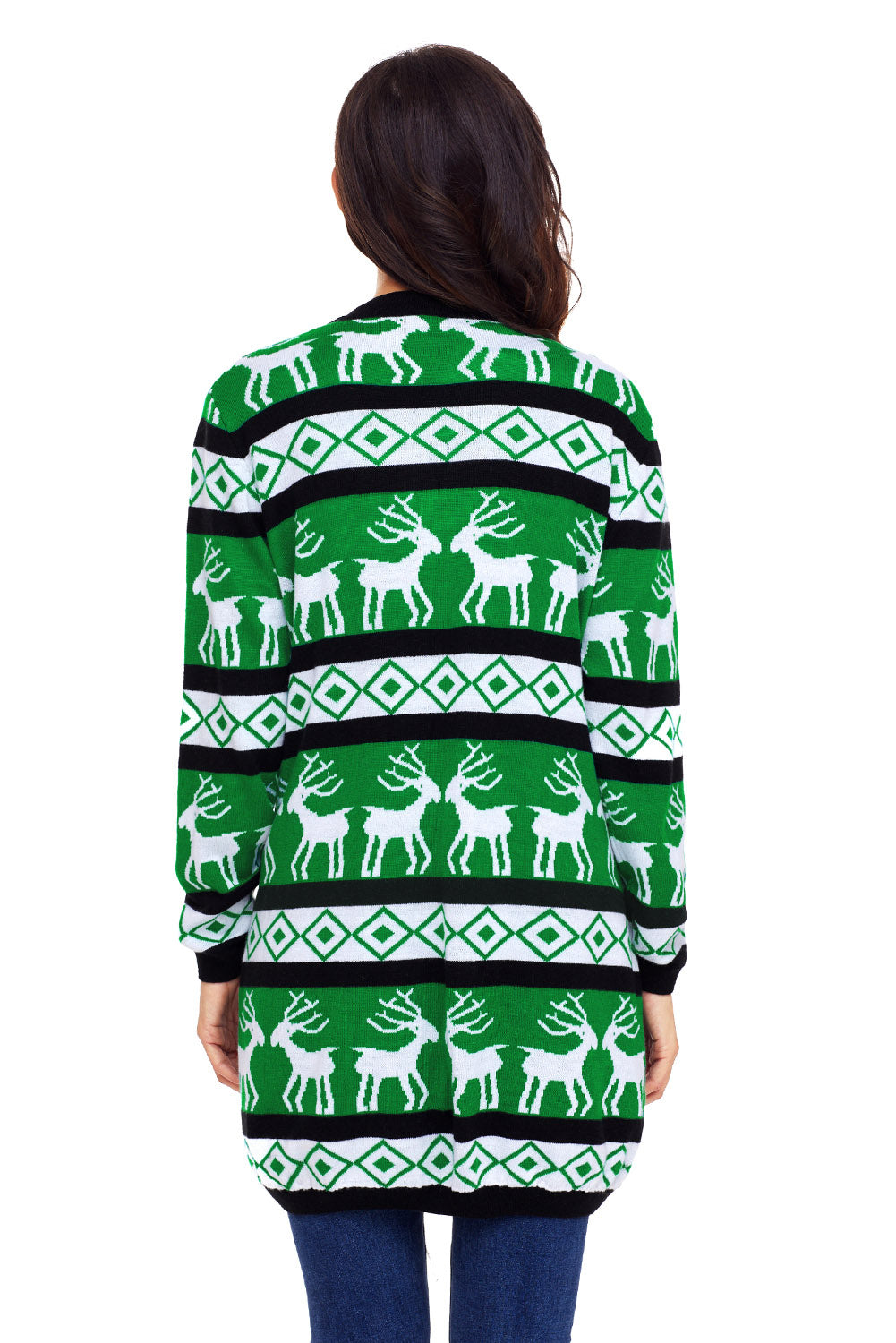 Green Reindeer Geometric Christmas Cardigan