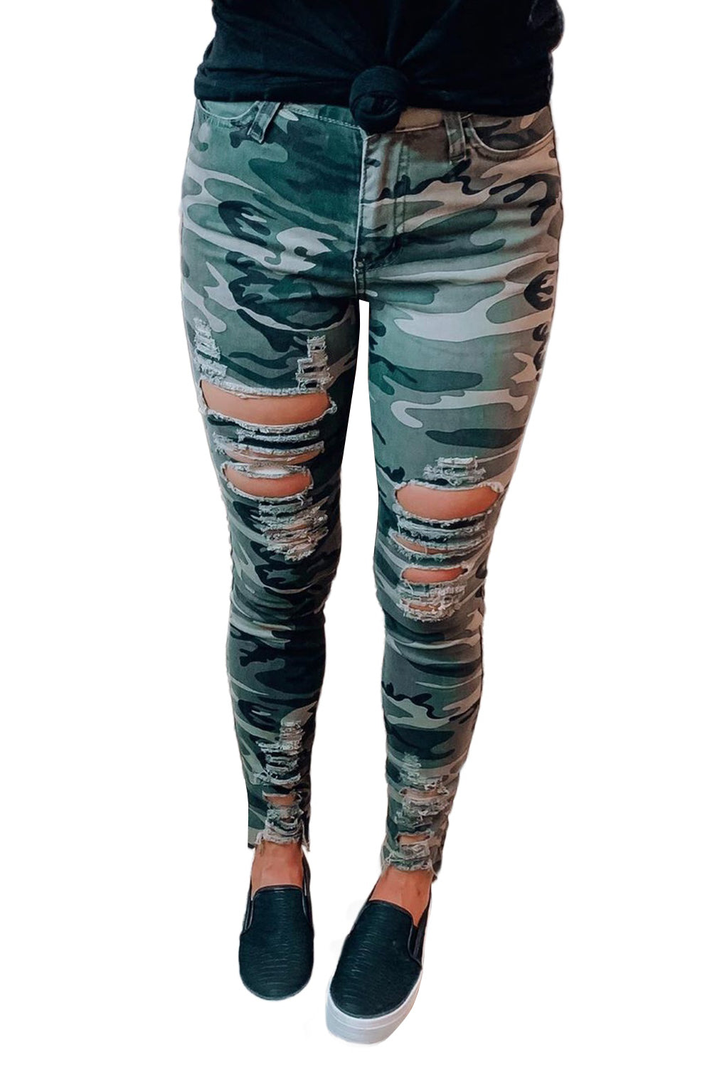 Green Camouflage Hollow out Skinny Jeans with Pocket