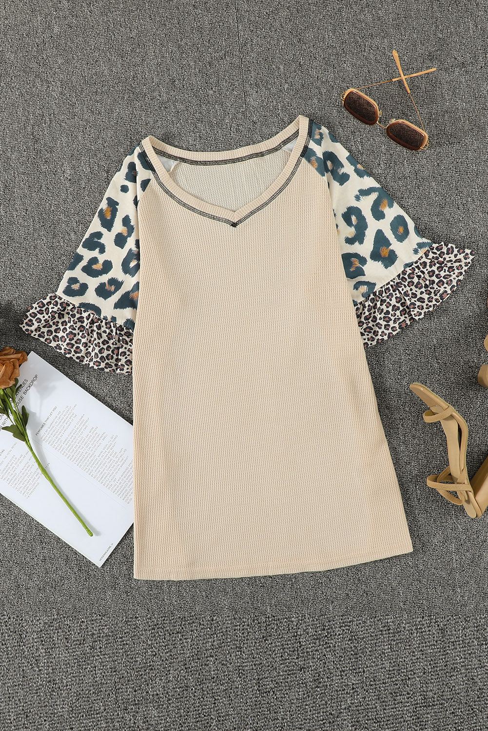 Mixed Leopard Ruffle Sleeve Waffle Knit Top