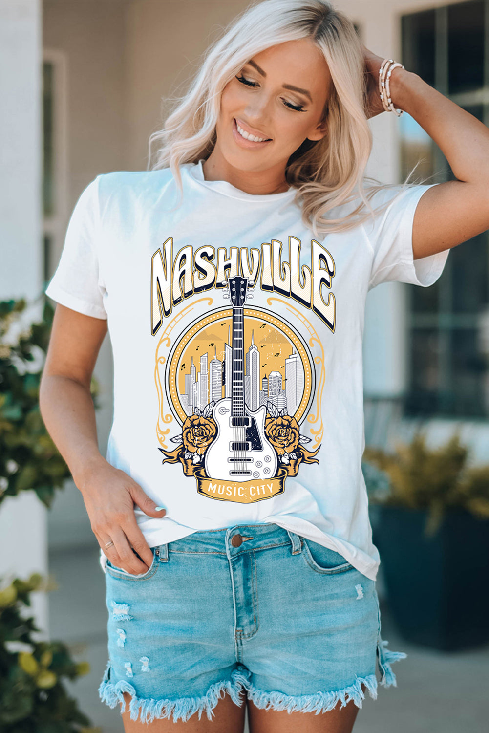 Music City NASHVILLE Guitar Floral Print Graphic T Shirt