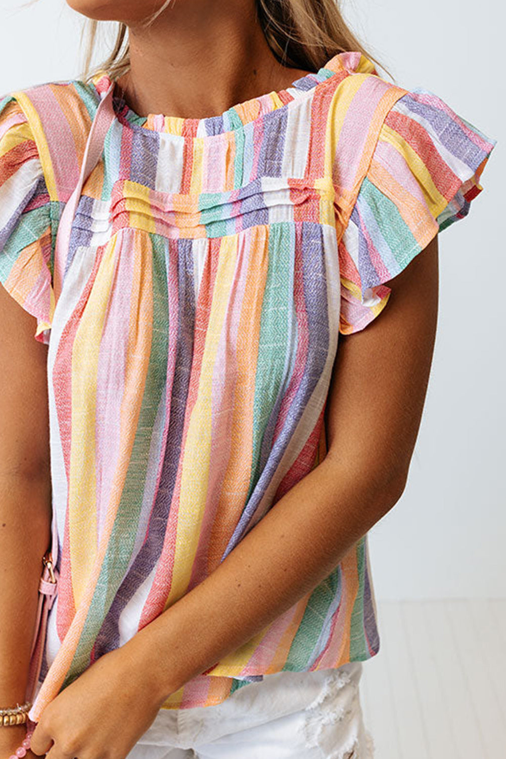 Multicolor Striped Frill Round Neck Ruffle Sleeve Blouse