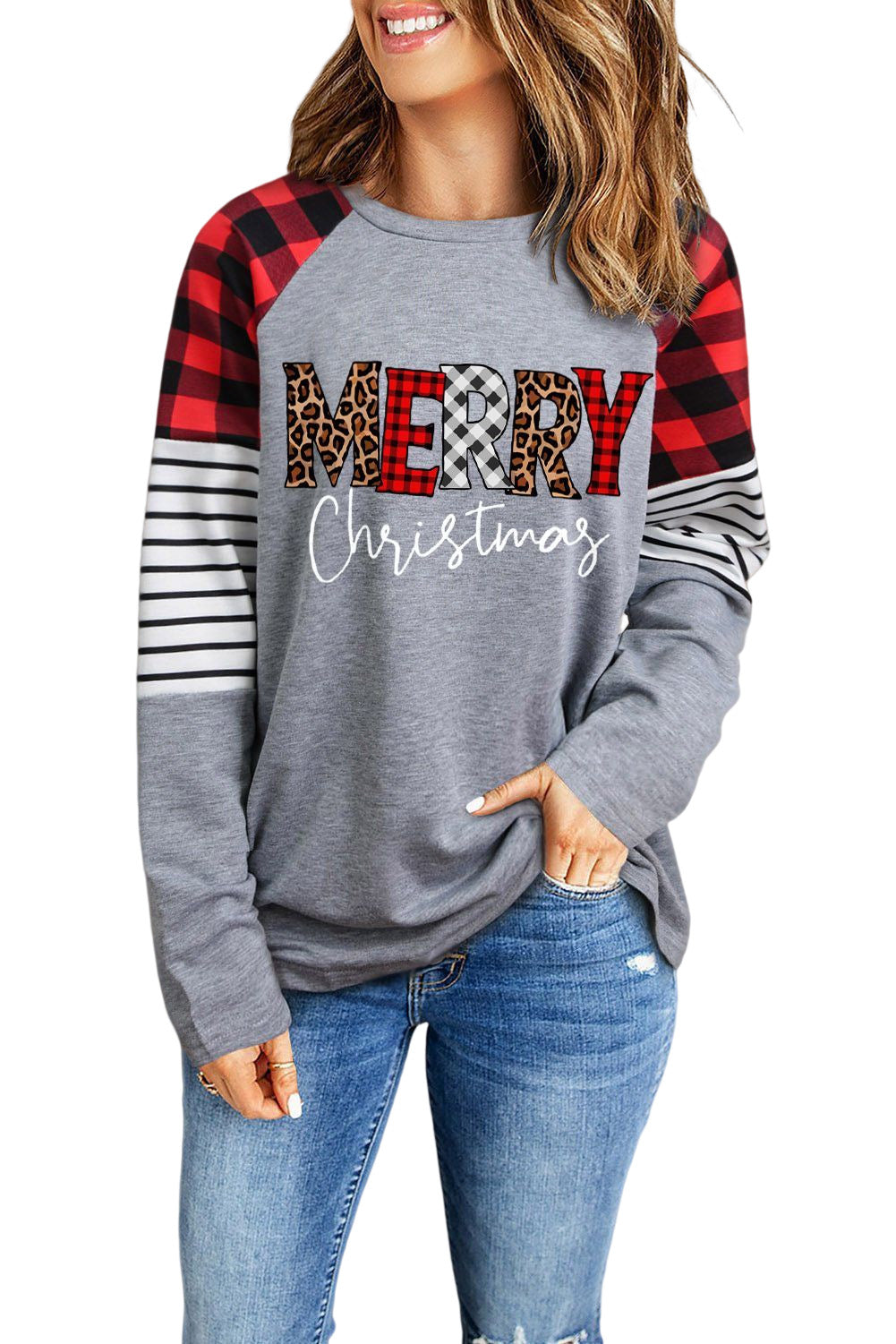 MERRY Christmas Leopard Striped Plaid Splicing Top