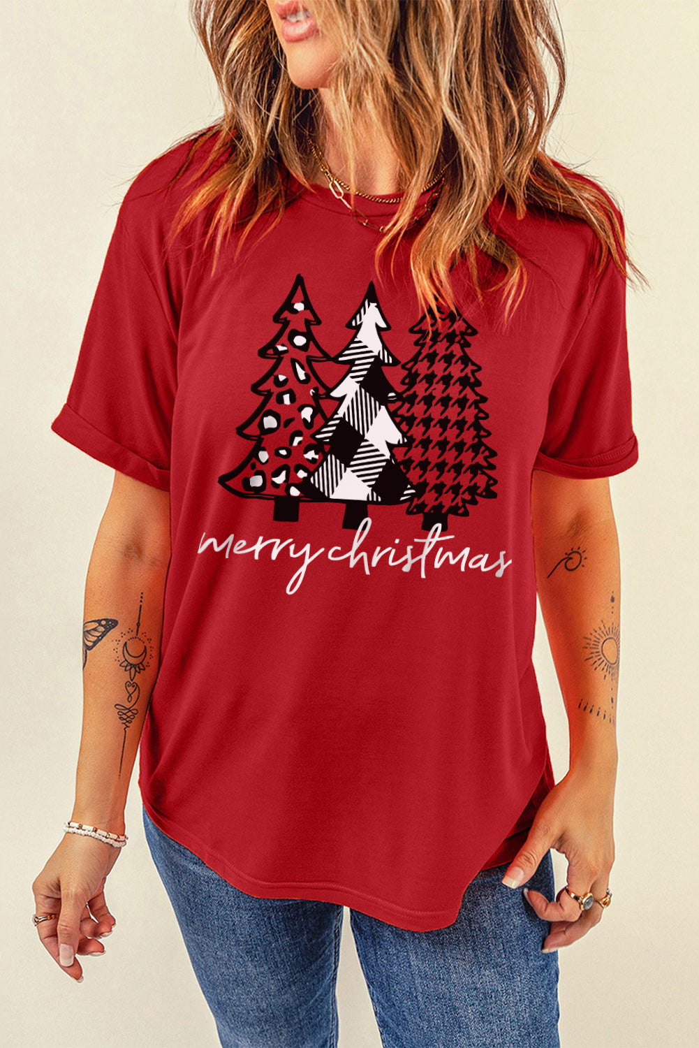 Merry Christmas Trees Graphic Print Short Sleeve T Shirt