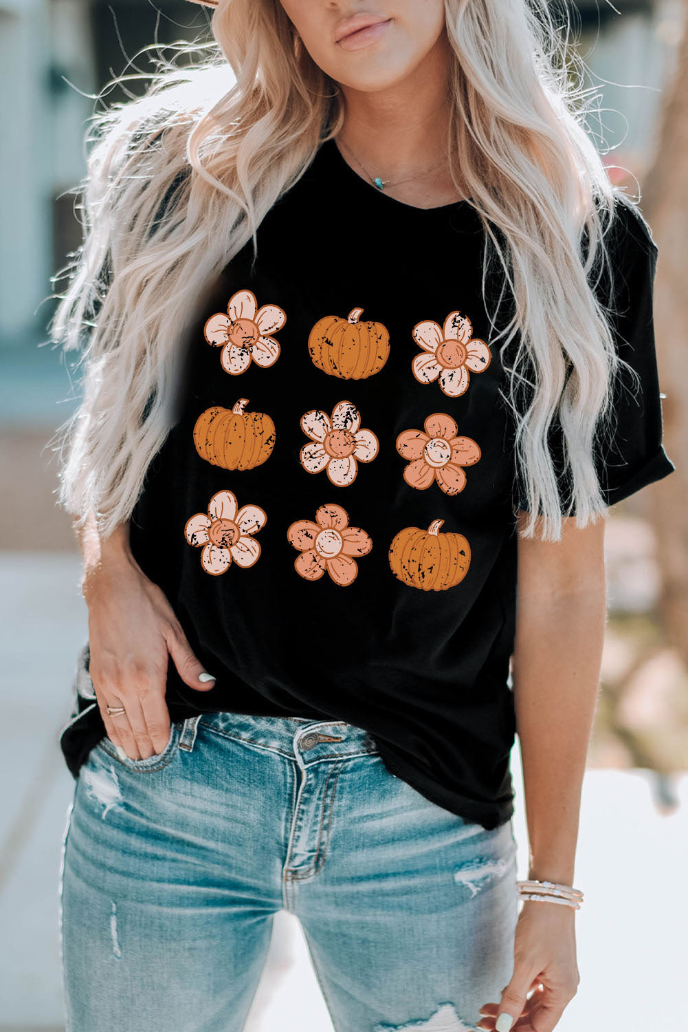 Pumpkin Flower Print Short Sleeve Graphic T Shirt