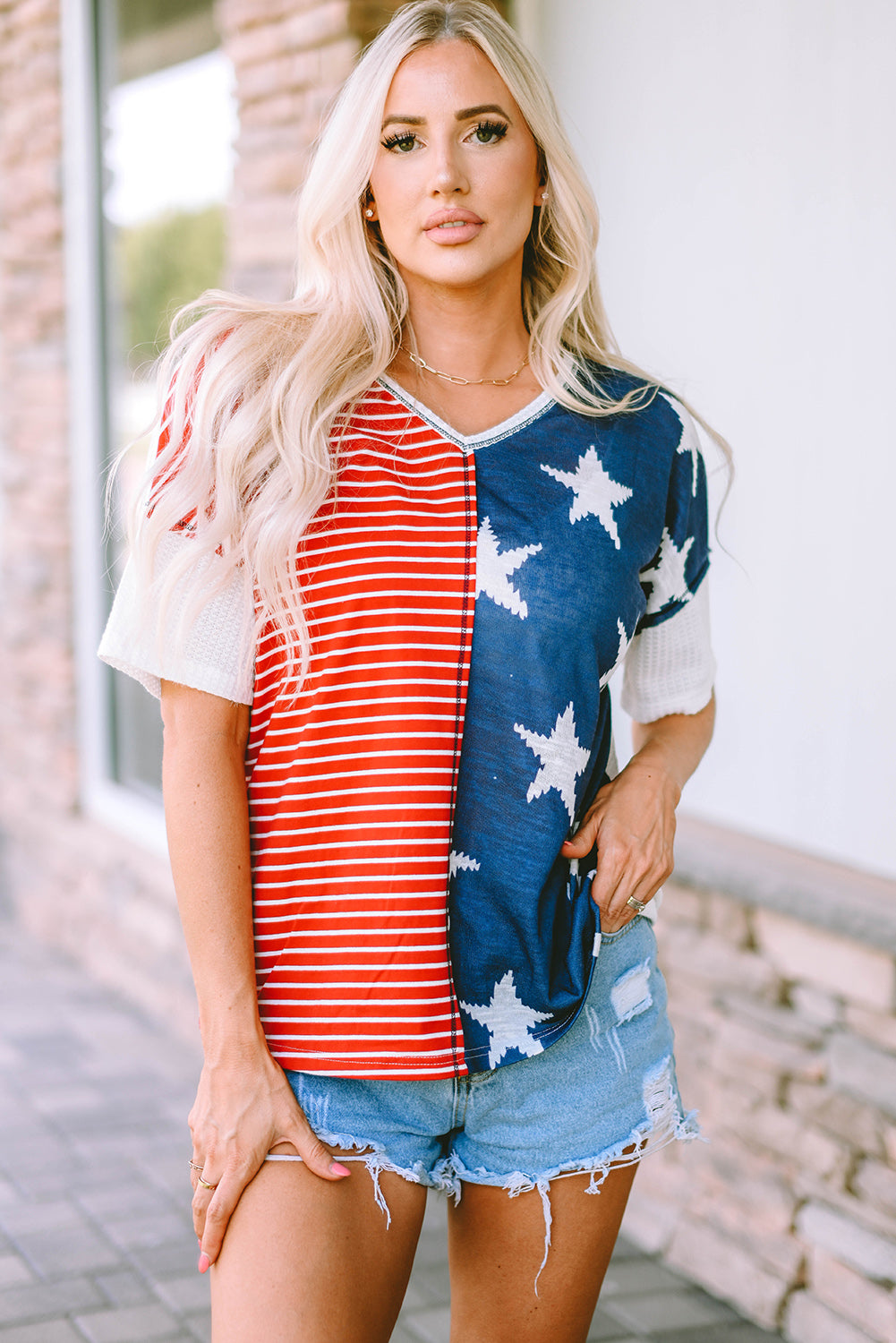 Blue Stripes Stars Print Knit Short Sleeves Top