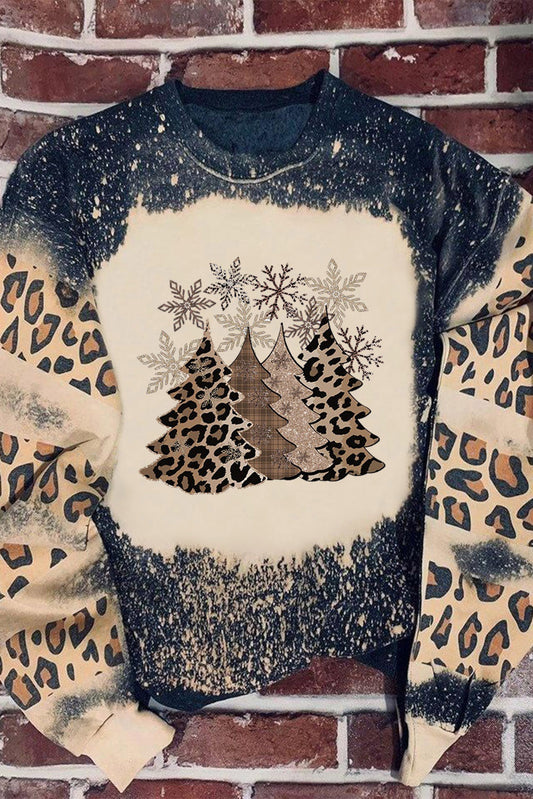 Christmas Tree Leopard Color Block Pullover Sweatshirt