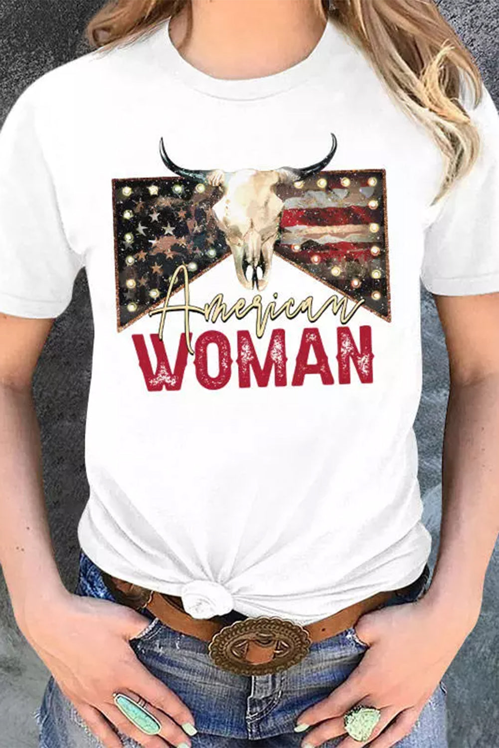 American Woman Cow Skull Print Graphic T Shirt