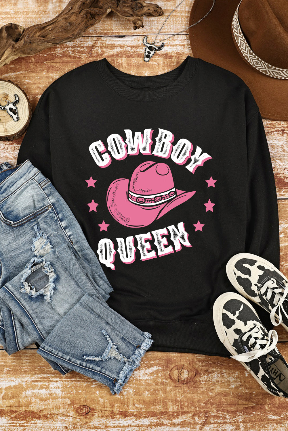 COWBOY QUEEN Hat Graphic Print Pullover Sweatshirt