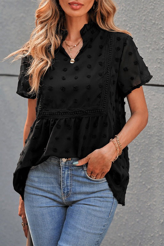 Black Swiss Dot Short Sleeve Flowy Top