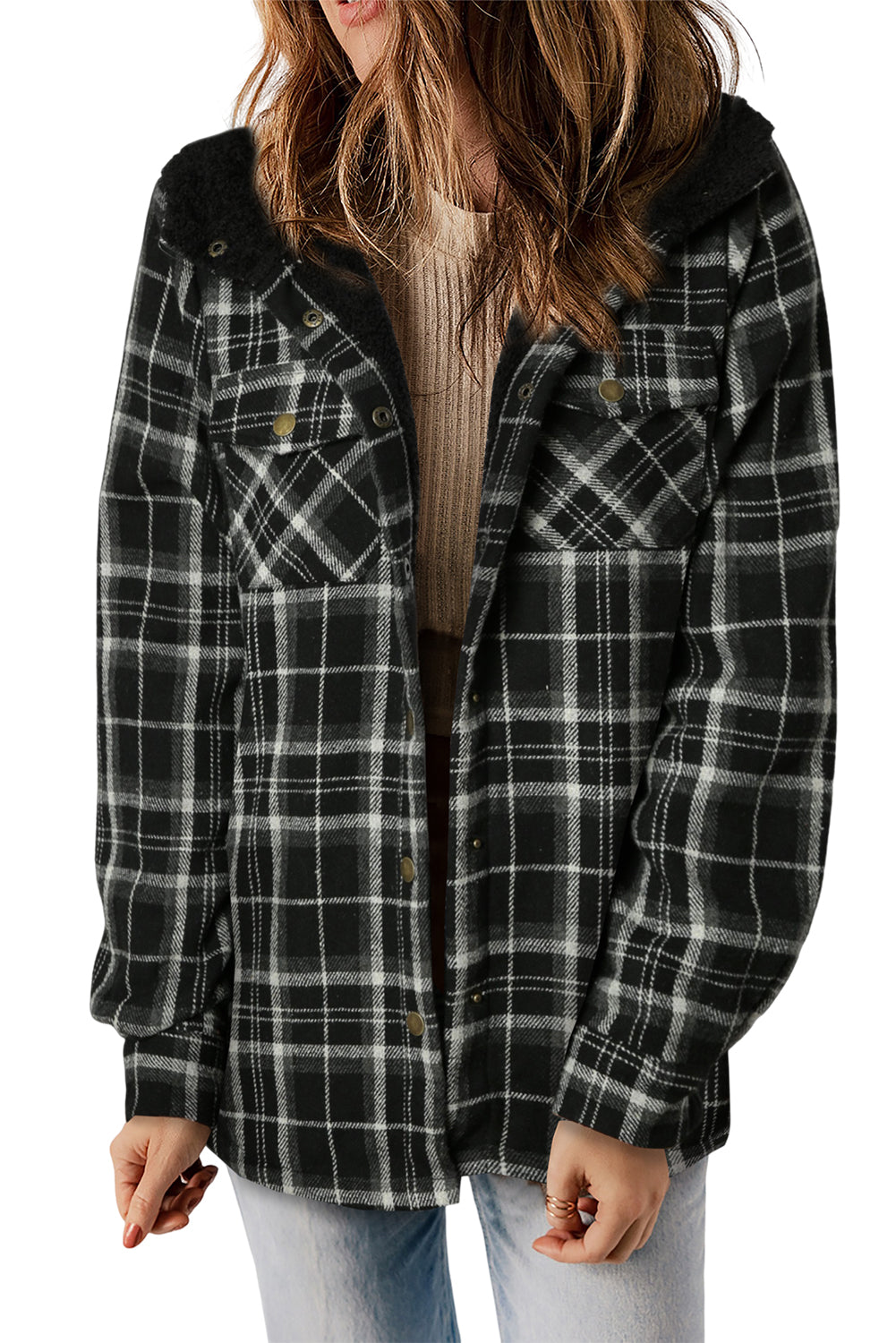 Blue Plaid Pattern Sherpa Lined Hooded Shacket