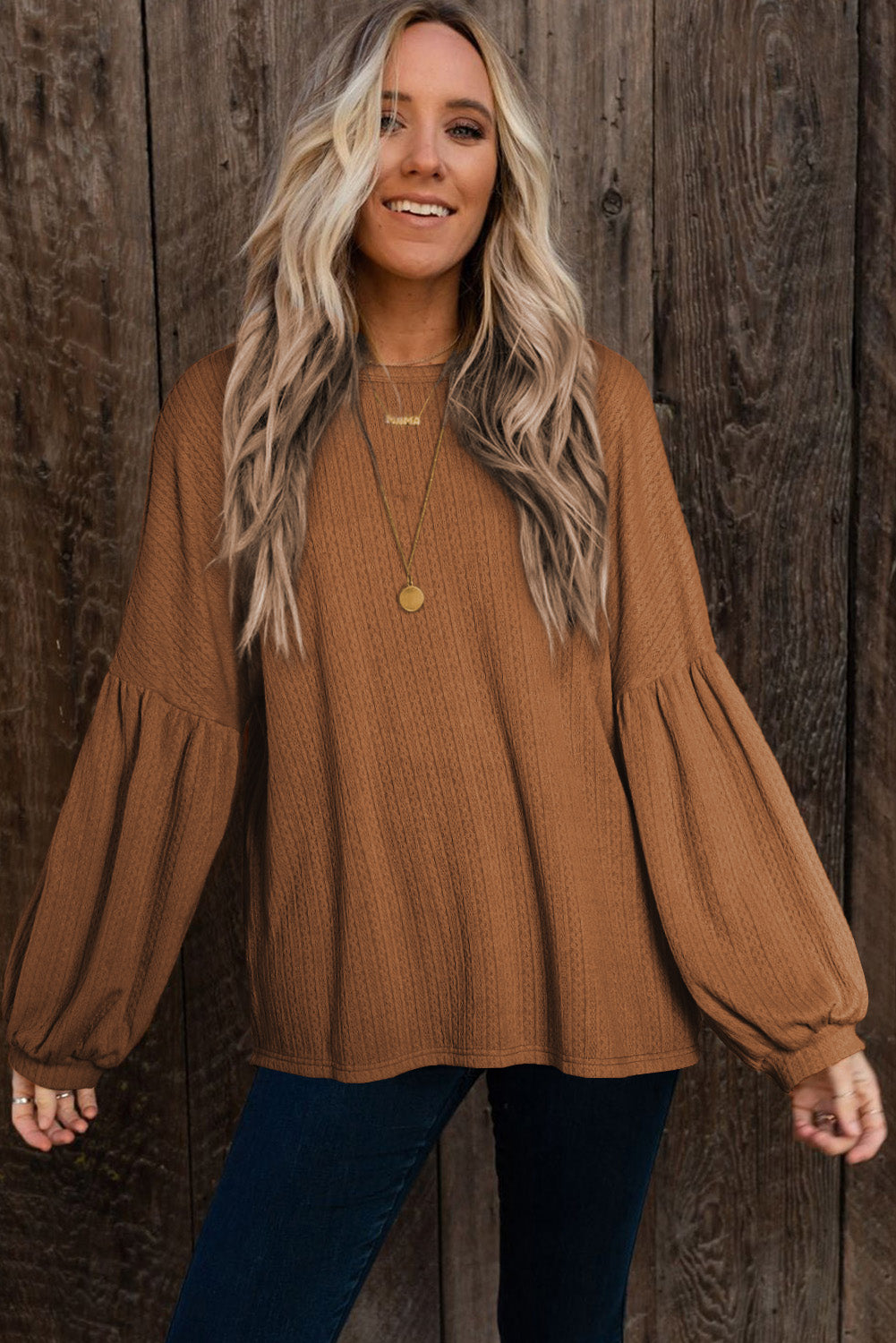 Orange Faux Knit Jacquard Puffy Long Sleeve Top