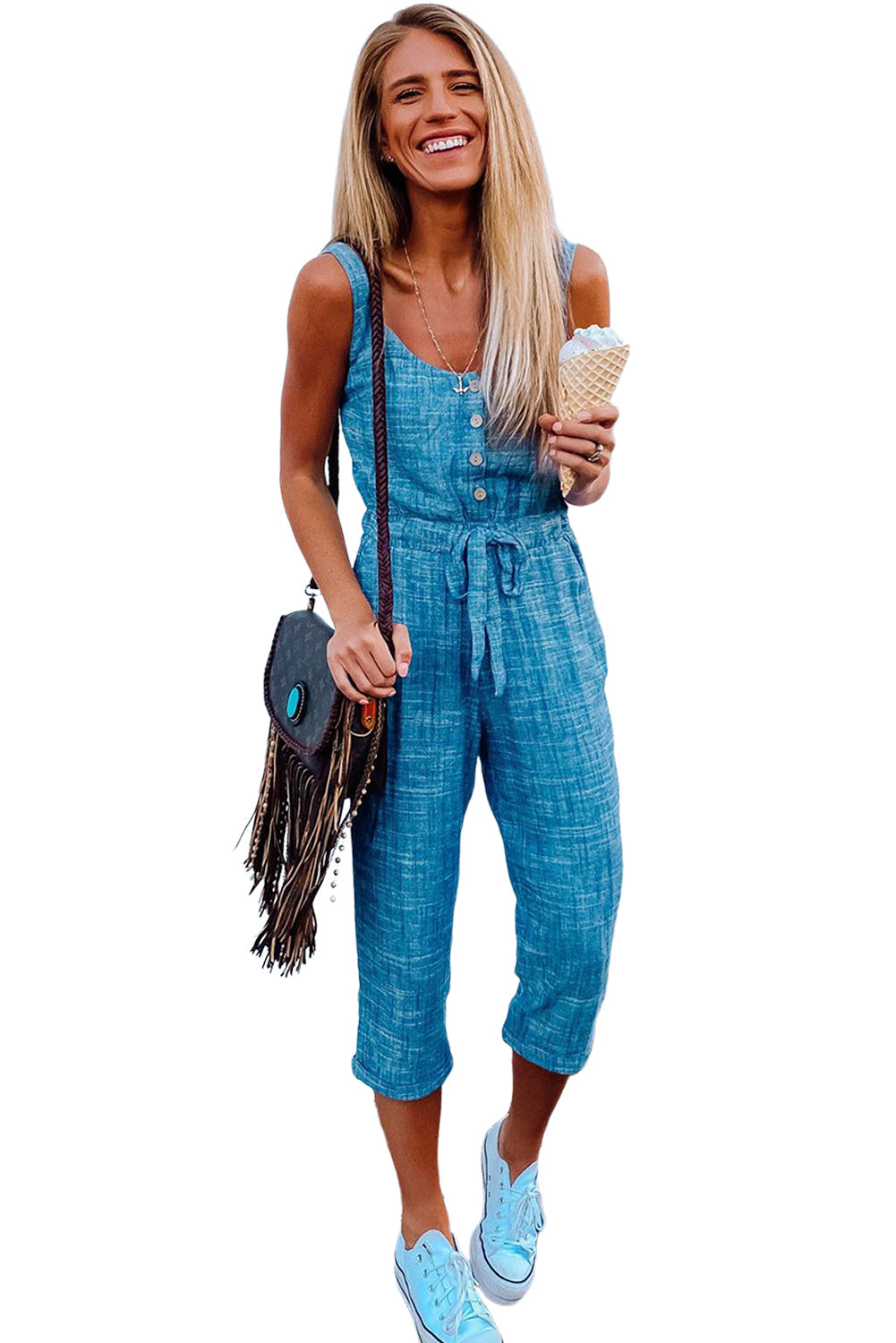 Button Drawstring High Waist Sleeveless Cropped Jumpsuit