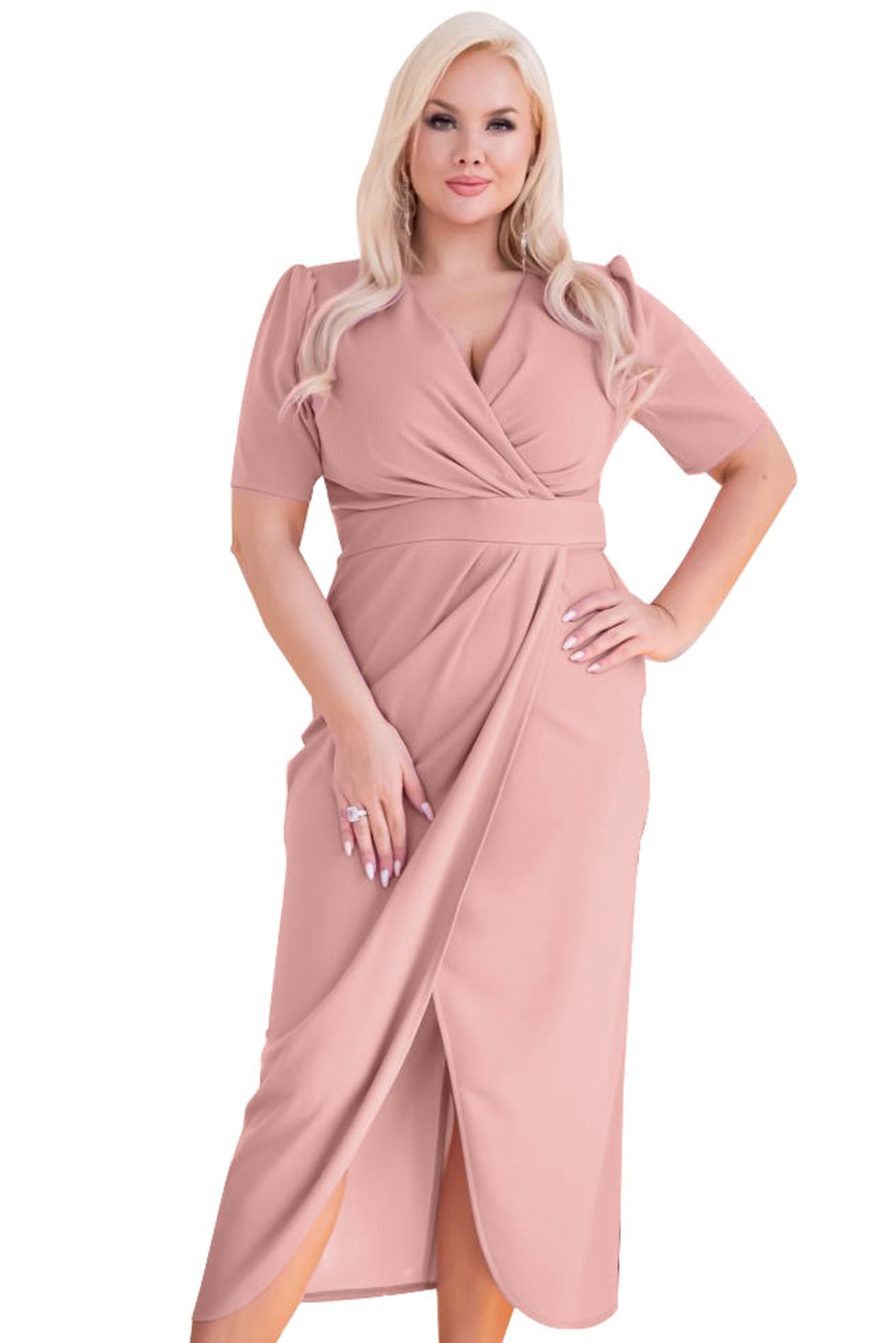 Plus Size Wrap V Neck Slit Hem Midi Dress