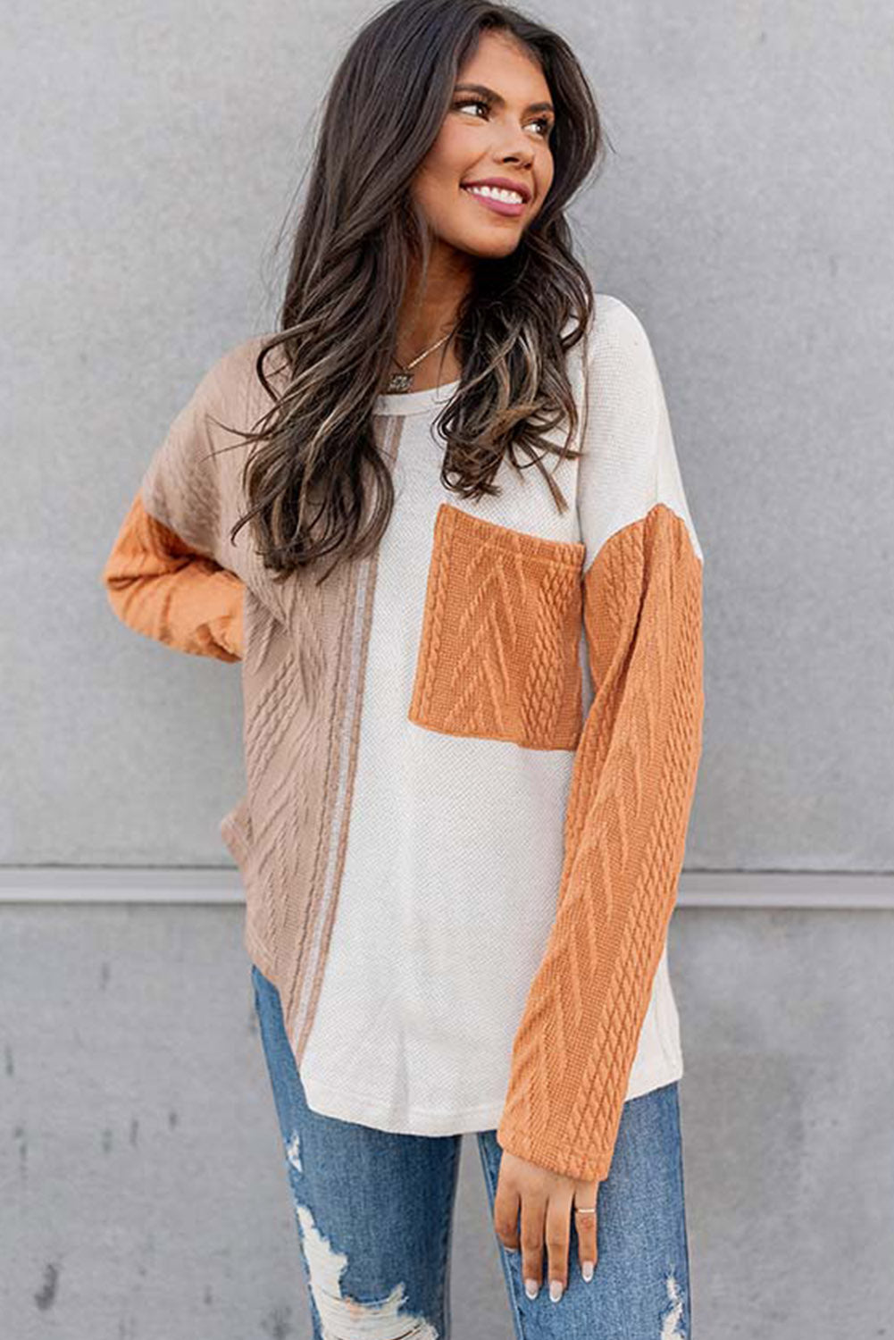 Long Sleeve Colorblock Chest Pocket Textured Knit Top