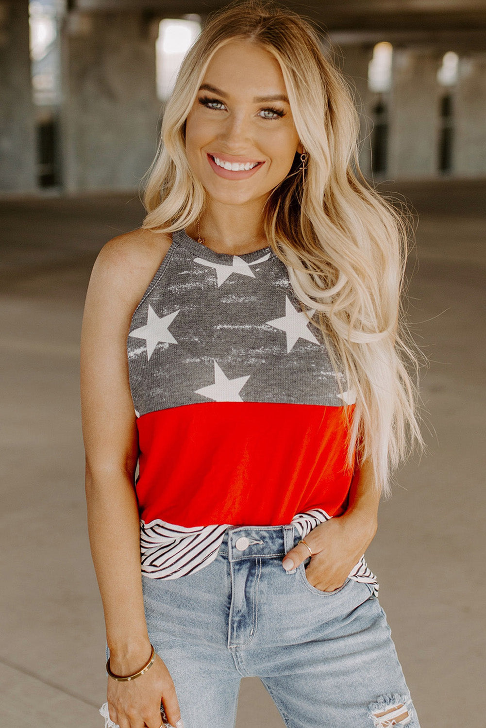 Multicolor American Flag Color Block Sleeveless Top