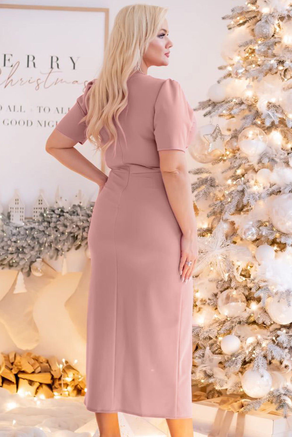 Plus Size Wrap V Neck Slit Hem Midi Dress