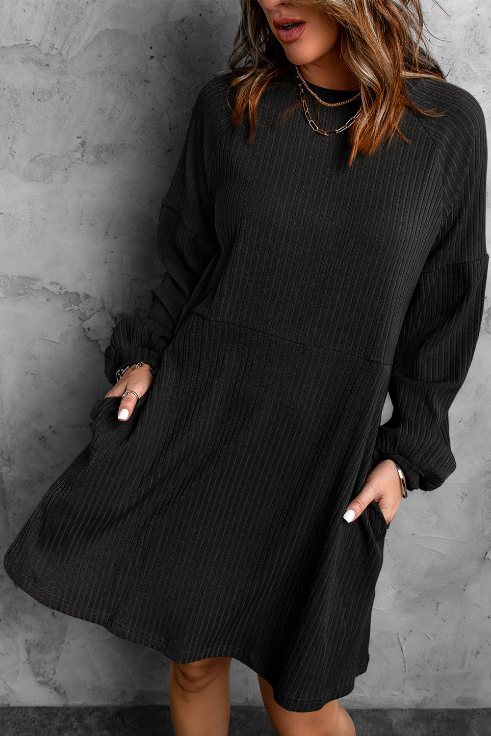 Black Round Neck Empire Waist Ribbed Knit Dress